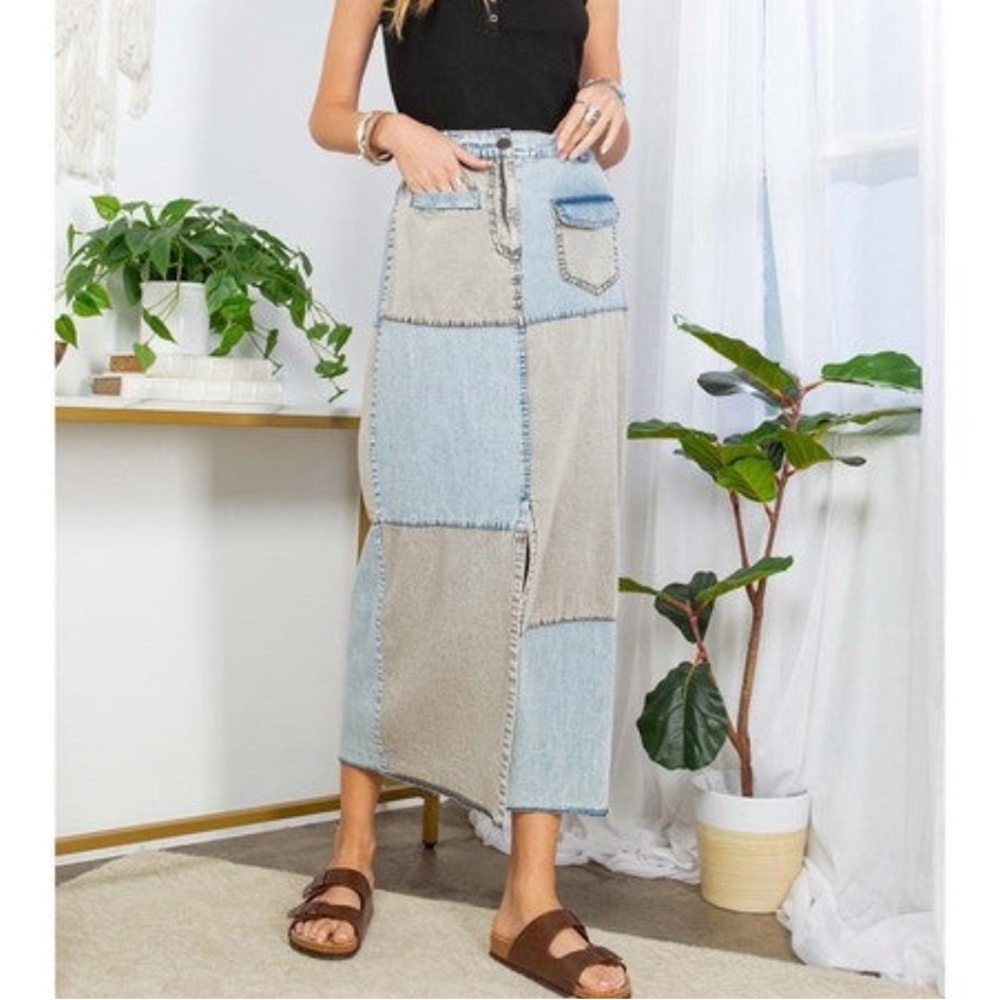 Patchwork Denim Maxi Skirt